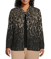 Ming Wang Plus Lurex Leopard Print Jacquard Knit Notch Long Sleeve Jacket