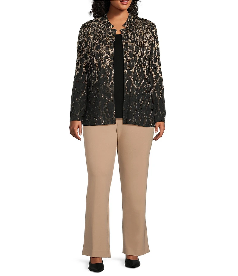 Ming Wang Plus Lurex Leopard Print Jacquard Knit Notch Long Sleeve Jacket