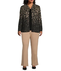Ming Wang Plus Lurex Leopard Print Jacquard Knit Notch Long Sleeve Jacket
