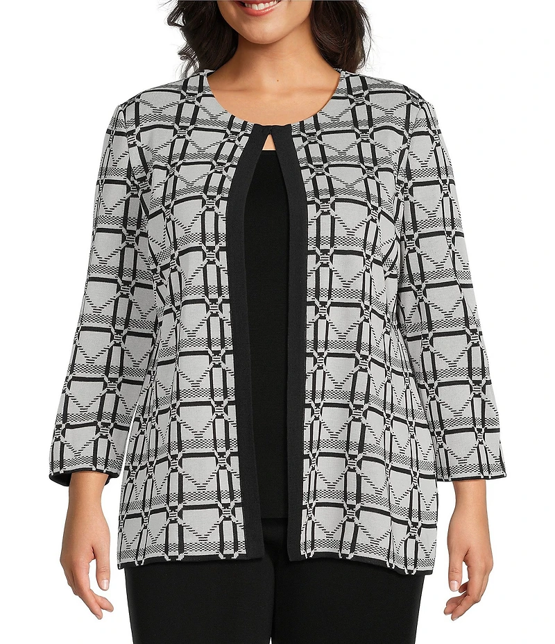 Ming Wang Plus Monochrome Geometric Jacqaurd Knit Jewel Neck Bracelet Sleeve Jacket