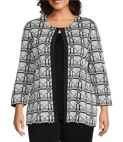Ming Wang Plus Monochrome Geometric Jacqaurd Knit Jewel Neck Bracelet Sleeve Jacket