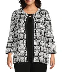 Ming Wang Plus Monochrome Geometric Jacqaurd Knit Jewel Neck Bracelet Sleeve Jacket