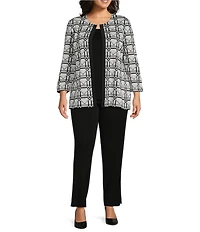 Ming Wang Plus Monochrome Geometric Jacqaurd Knit Jewel Neck Bracelet Sleeve Jacket