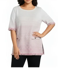 Ming Wang Plus Ombre Fringe Trim Jacquard Knit Boat Neck Short Sleeve Tunic