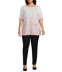 Ming Wang Plus Ombre Fringe Trim Jacquard Knit Boat Neck Short Sleeve Tunic
