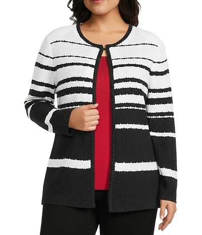 Ming Wang Plus Size Basket Weave Knit Crew Neck Long Sleeve Jacket