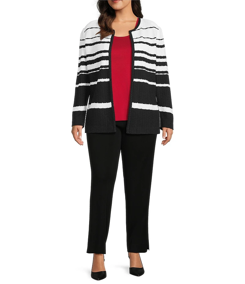 Ming Wang Plus Size Basket Weave Knit Crew Neck Long Sleeve Jacket