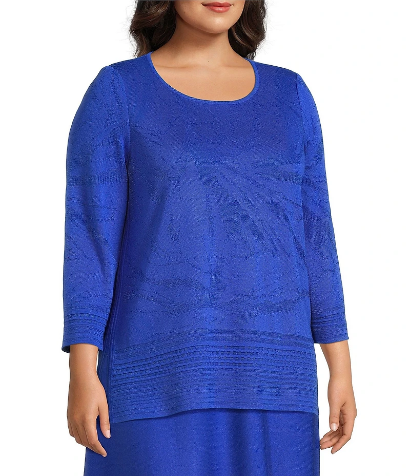 Ming Wang Plus Size Burnout Floral Knit Boat Neck Bracelet Sleeve Tunic
