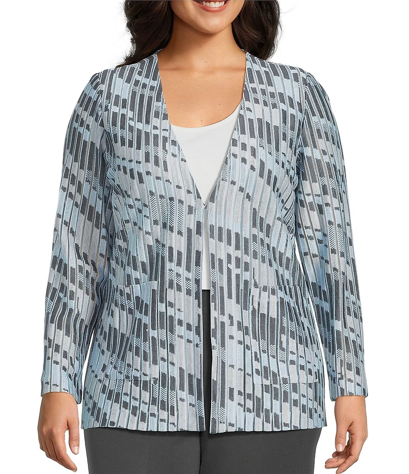Ming Wang Plus Size Burnout Jacquard Knit V-Neck Long Sleeve Jacket