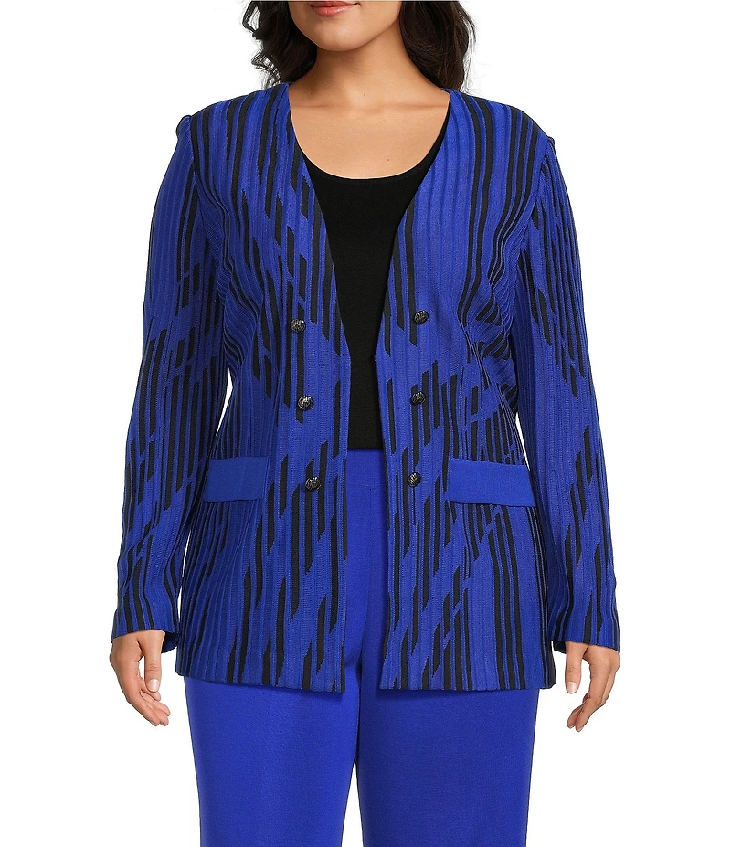 Ming Wang Plus Size Burnout Knit V-Neck Bracelet Sleeve Tailored Jacket