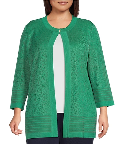 Ming Wang Plus Size Burnout Medallion Knit Round Neck Bracelet Sleeve Jacket