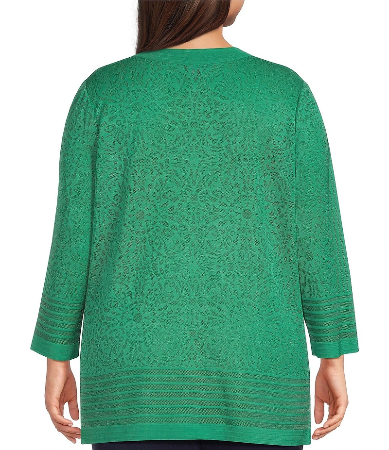 Ming Wang Plus Size Burnout Medallion Knit Round Neck Bracelet Sleeve Jacket