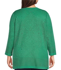 Ming Wang Plus Size Burnout Medallion Knit Round Neck Bracelet Sleeve Jacket