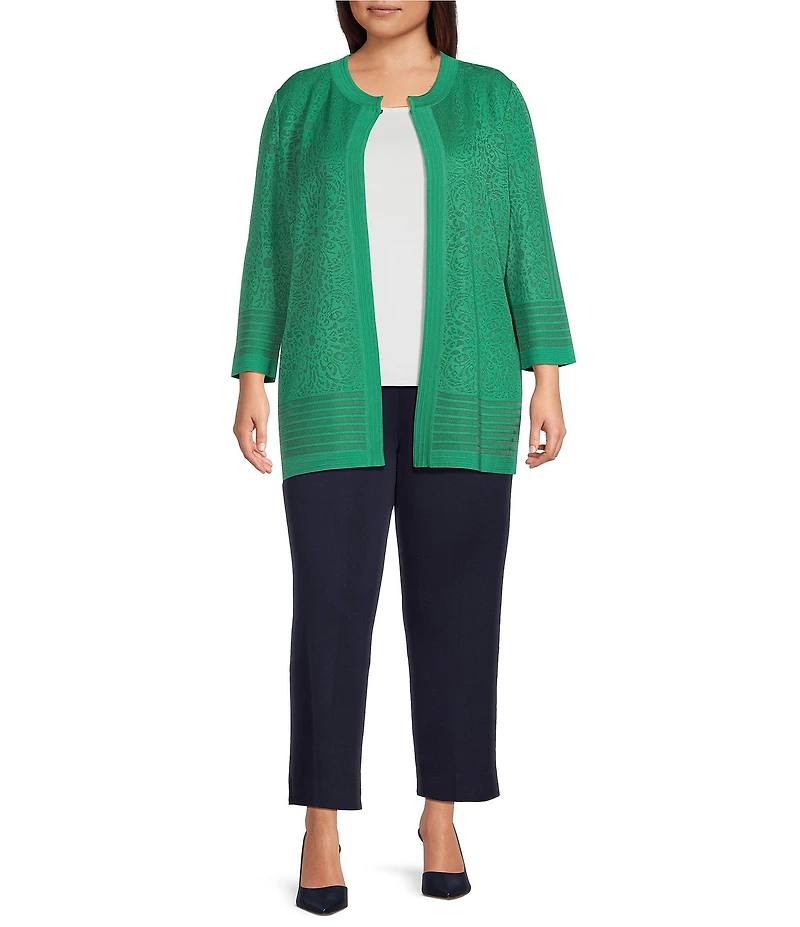 Ming Wang Plus Size Burnout Medallion Knit Round Neck Bracelet Sleeve Jacket
