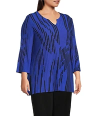 Ming Wang Plus Size Dual-Tone Soft Knit Split V-Neck 3/4 Sleeve Tunic