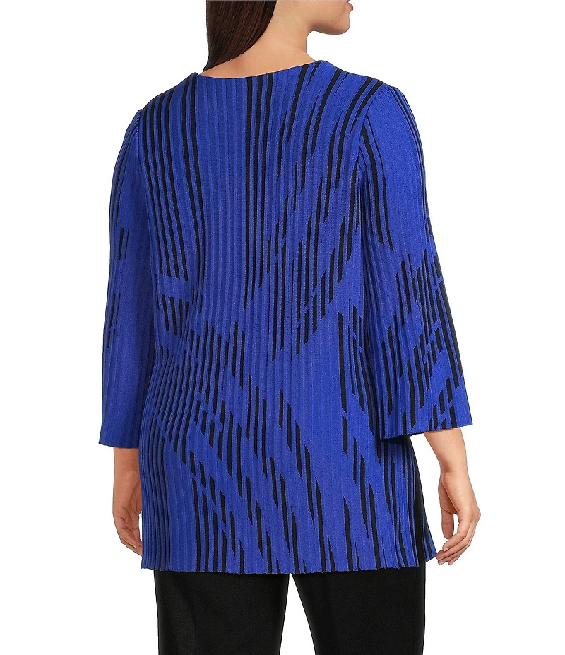 Ming Wang Plus Size Dual-Tone Soft Knit Split V-Neck 3/4 Sleeve Tunic