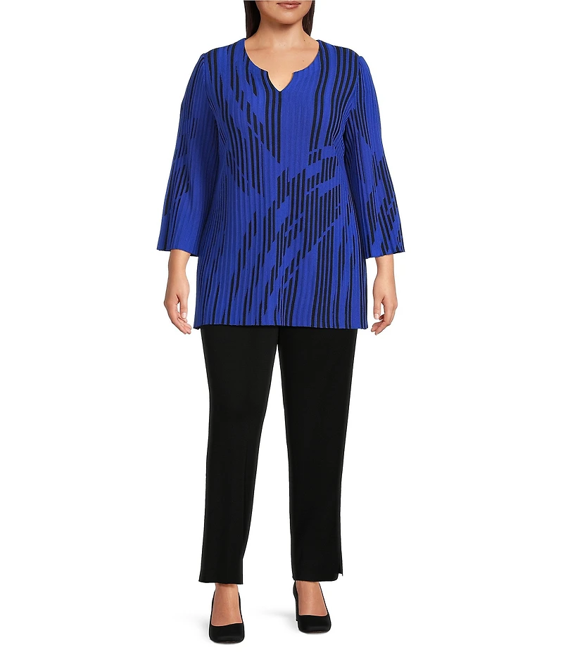 Ming Wang Plus Size Dual-Tone Soft Knit Split V-Neck 3/4 Sleeve Tunic