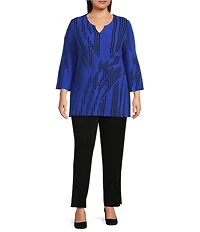 Ming Wang Plus Size Dual-Tone Soft Knit Split V-Neck 3/4 Sleeve Tunic