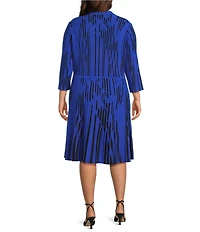 Ming Wang Plus Size Dual-Toned Soft Knit Split V-Neck 3/4 Sleeve Dress