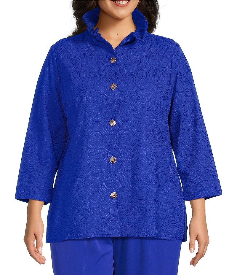 Ming Wang Plus Size Embroidered Tailored Fit Ruched Collar Bracelet Sleeve Jacket