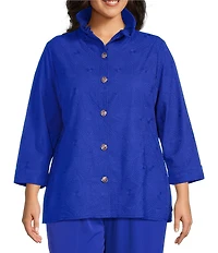 Ming Wang Plus Size Embroidered Tailored Fit Ruched Collar Bracelet Sleeve Jacket