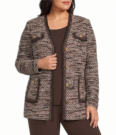 Ming Wang Plus Size Eyelash Tweed Knit Multicolored Long Sleeve Button-Front Coordinating Jacket