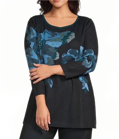 Ming Wang Plus Size Floral Jacquard Knit Crew Neck Bracelet Sleeve Coordinating Tunic