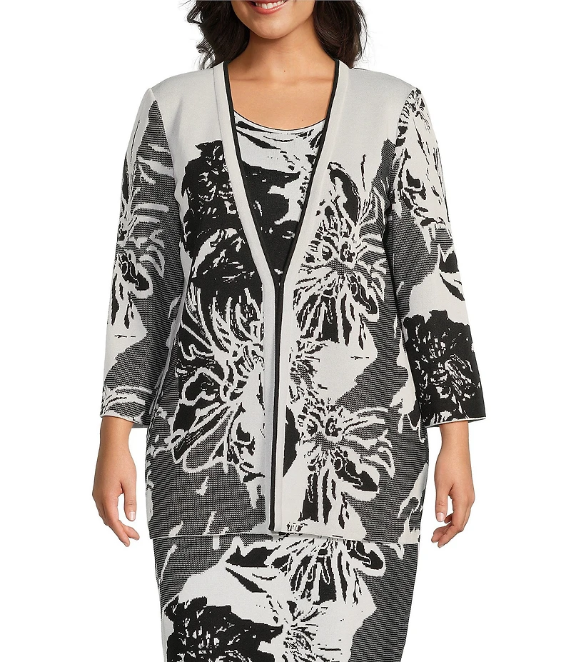 Ming Wang Plus Size Floral Jacquard Knit Open Front Bracelet Sleeve Cardigan