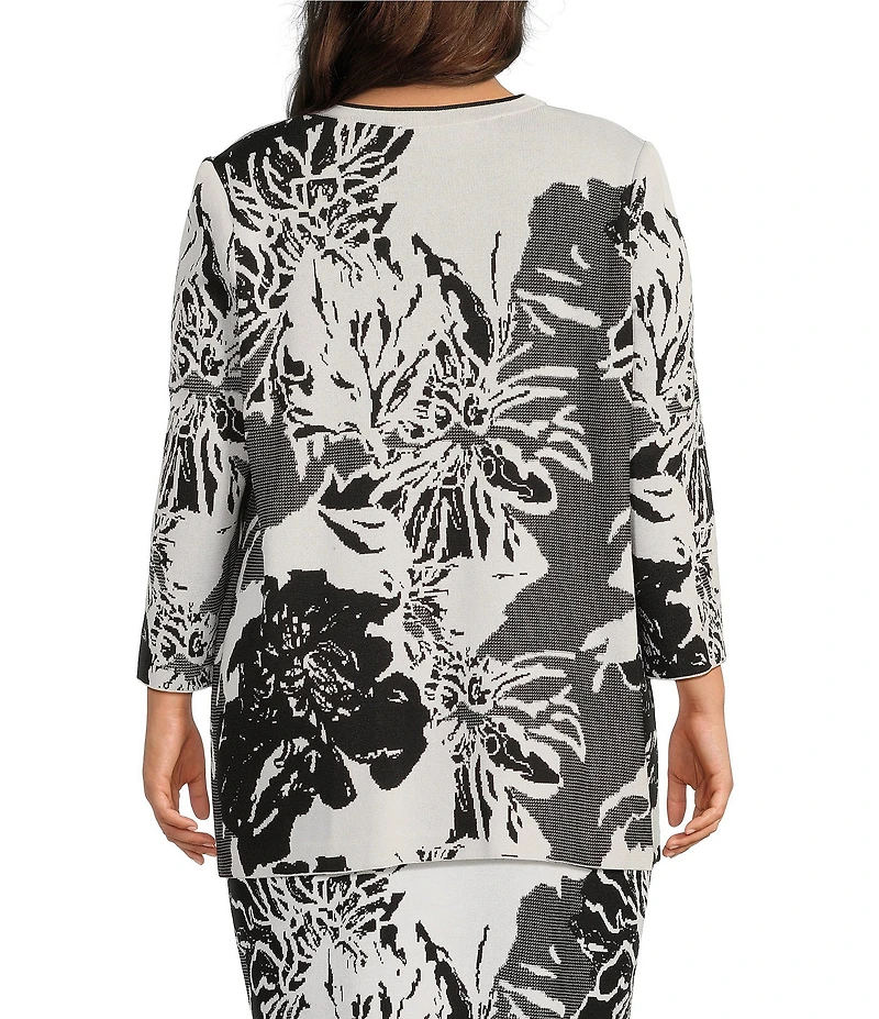 Ming Wang Plus Size Floral Jacquard Knit Open Front Bracelet Sleeve Cardigan