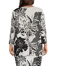 Ming Wang Plus Size Floral Jacquard Knit Open Front Bracelet Sleeve Cardigan