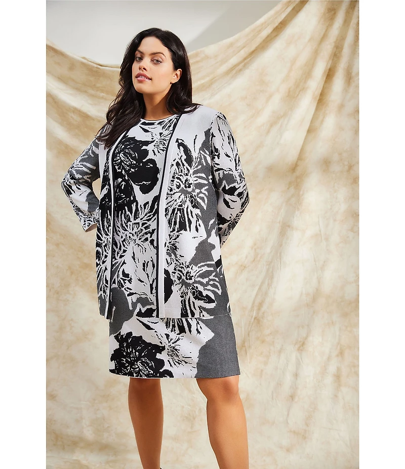 Ming Wang Plus Size Floral Jacquard Knit Open Front Bracelet Sleeve Cardigan