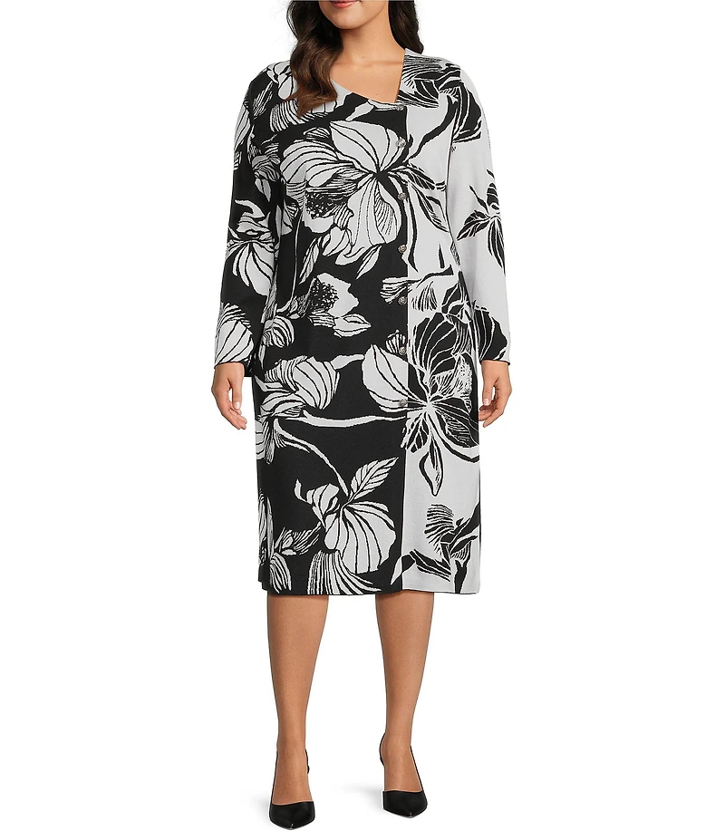 Ming Wang Plus Size Floral Jacquard Soft Knit Asymmetrical Neck Long Sleeve Sheath Midi Dress