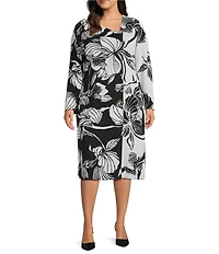 Ming Wang Plus Size Floral Jacquard Soft Knit Asymmetrical Neck Long Sleeve Sheath Midi Dress