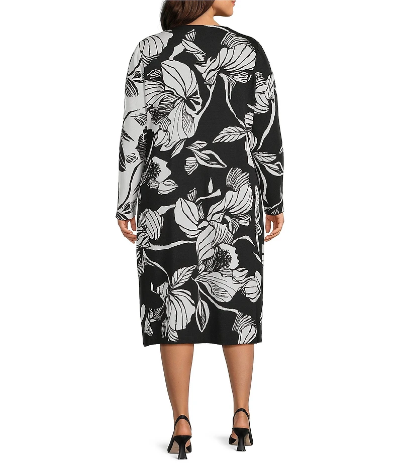 Ming Wang Plus Size Floral Jacquard Soft Knit Asymmetrical Neck Long Sleeve Sheath Midi Dress