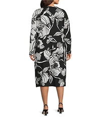 Ming Wang Plus Size Floral Jacquard Soft Knit Asymmetrical Neck Long Sleeve Sheath Midi Dress