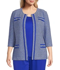 Ming Wang Plus Size Honeycomb Tweed Knit Round Neck 3/4 Sleeve Jacket