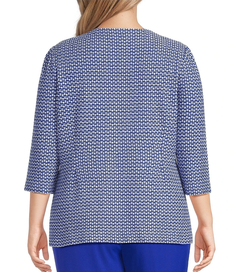 Ming Wang Plus Size Honeycomb Tweed Knit Round Neck 3/4 Sleeve Jacket