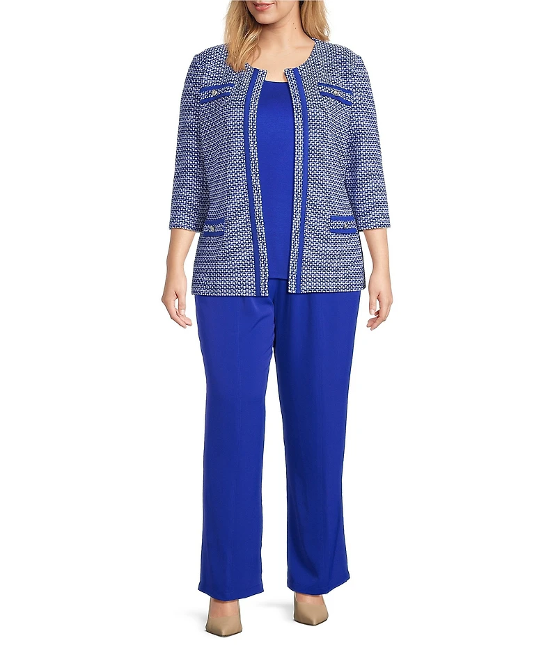Ming Wang Plus Size Honeycomb Tweed Knit Round Neck 3/4 Sleeve Jacket