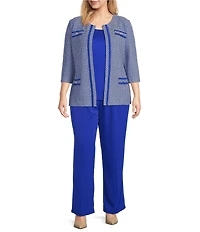 Ming Wang Plus Size Honeycomb Tweed Knit Round Neck 3/4 Sleeve Jacket