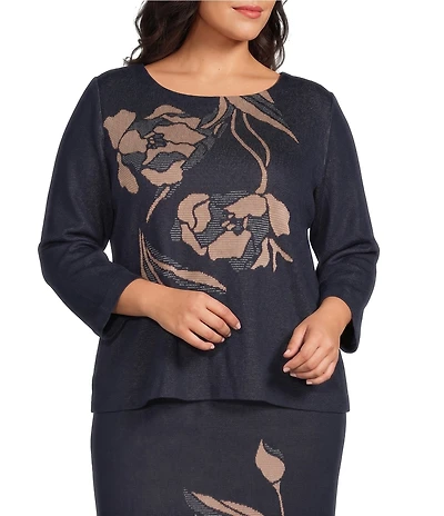 Ming Wang Plus Size Jacquard Floral Knit Boat Neck Bracelet Sleeve Coordinating Top