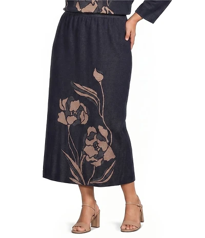 Ming Wang Plus Size Jacquard Floral Soft Knit Pull-On Midi Coordinating Skirt