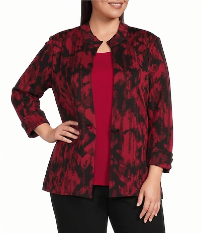 Ming Wang Plus Size Jacquard Knit Abstract Stand Collar Bracelet Sleeve Single Button-Front Jacket