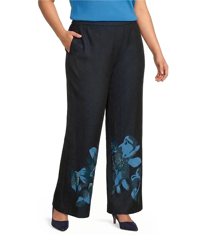 Ming Wang Plus Size Jacquard Knit Floral Placement Print No Roll Elastic Waist Pull-On Coordinating Pants