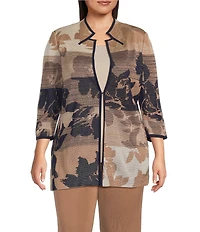 Ming Wang Plus Size Jacquard Knit Ombre Floral Mandarin Collar 3/4 Sleeve Shoulder Pad Jacket