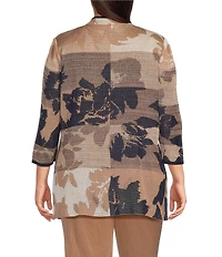 Ming Wang Plus Size Jacquard Knit Ombre Floral Mandarin Collar 3/4 Sleeve Shoulder Pad Jacket