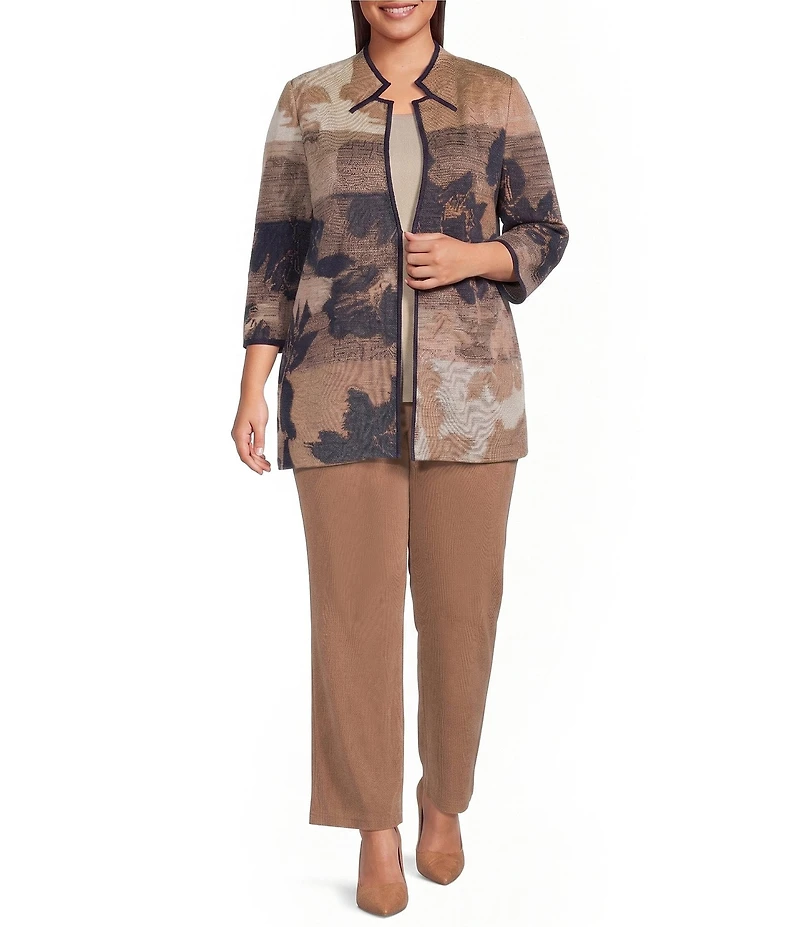 Ming Wang Plus Size Jacquard Knit Ombre Floral Mandarin Collar 3/4 Sleeve Shoulder Pad Jacket