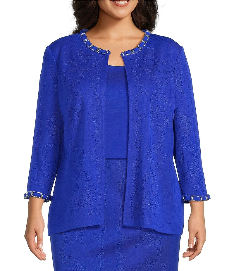 Ming Wang Plus Size Knit Crew Neck 3/4 Sleeve Ribbon Chain Trim Jacket