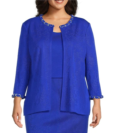Ming Wang Plus Size Knit Crew Neck 3/4 Sleeve Ribbon Chain Trim Jacket