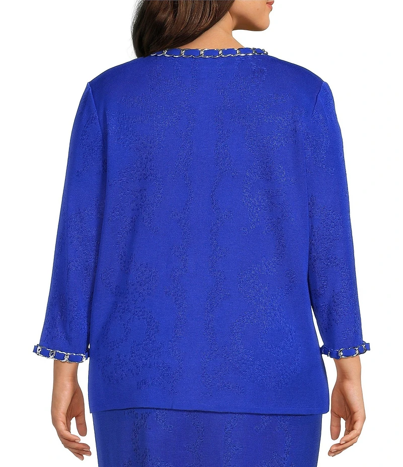 Ming Wang Plus Size Knit Crew Neck 3/4 Sleeve Ribbon Chain Trim Jacket