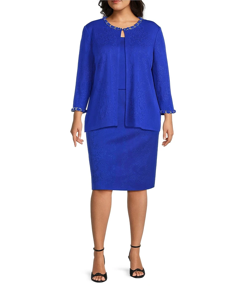 Ming Wang Plus Size Knit Crew Neck 3/4 Sleeve Ribbon Chain Trim Jacket